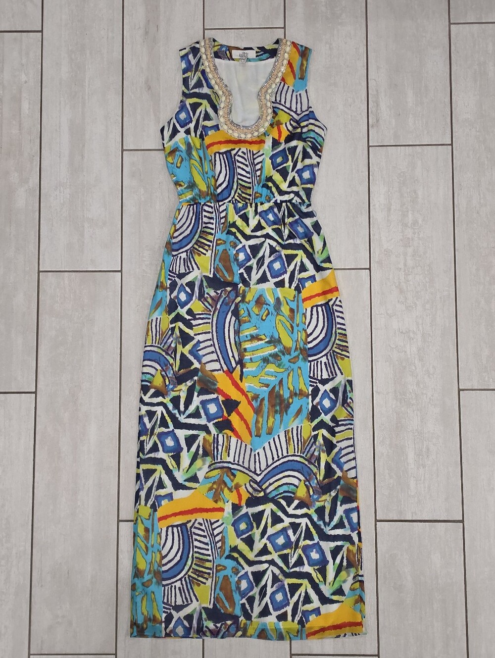 BADGLEY MISCHKA Abstract Geometric Beaded Neck Mosaic Sleeveless Maxi Dress